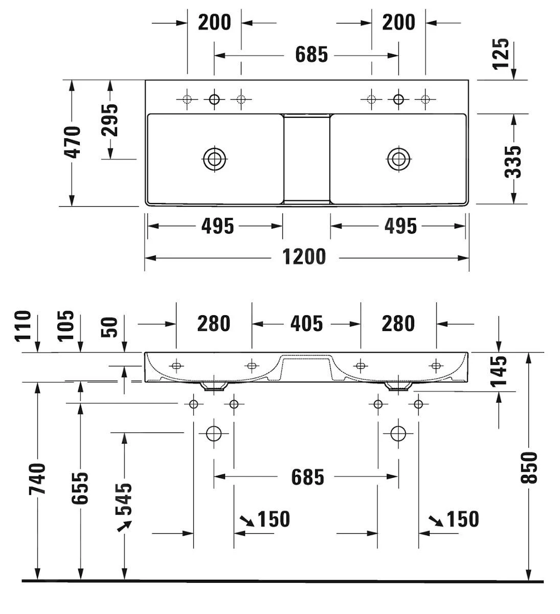 Duravit DuraSquare - Lavabo Doble 1200x470 Mm, DuraCeram, Blanco Alpino 2353120070 4 Duravit DuraSquare - Lavabo Doble 1200x470 Mm, DuraCeram, Blanco Alpino 2353120070 - Imagen 2